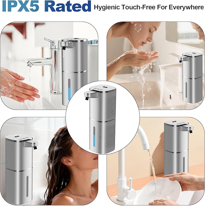 Automatic Liquid Soap Dispenser, 9 Adjustable Levels, 380ml/12.8oz, Touchless Hand Soap or Dish Soap Dispenser,IR Sensor & Display,Wall-Mount or Tabletop Use for Bathroom Kitchen (Silver)
