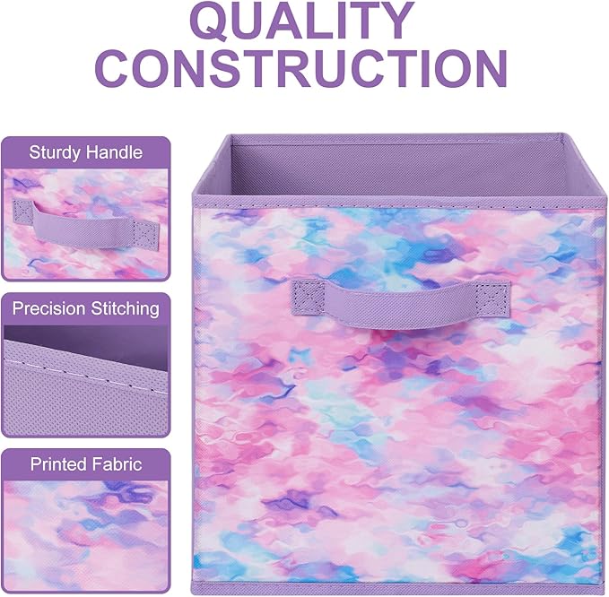 Stero Fabric Storage Cubes, 6 Pack Foldable Storage Bins Baskets with Handle, 11 Inch Box for Shelves, Closet, Organizer, Tie-dye Purple