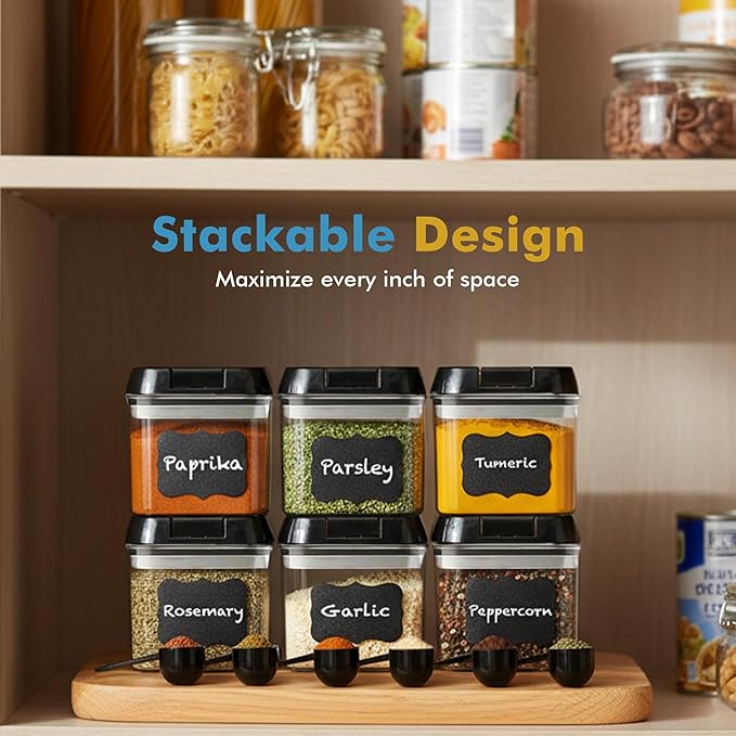Shazo 6 PC Airtight Food Storage Containers + 6 Spoons - BPA Free Clear Plastic Snack & Spice Containers with Easy Lock Lids - Kitchen and Pantry Organization for Herbs, Coffee, Tea - 0.5L / 2.1 Cups