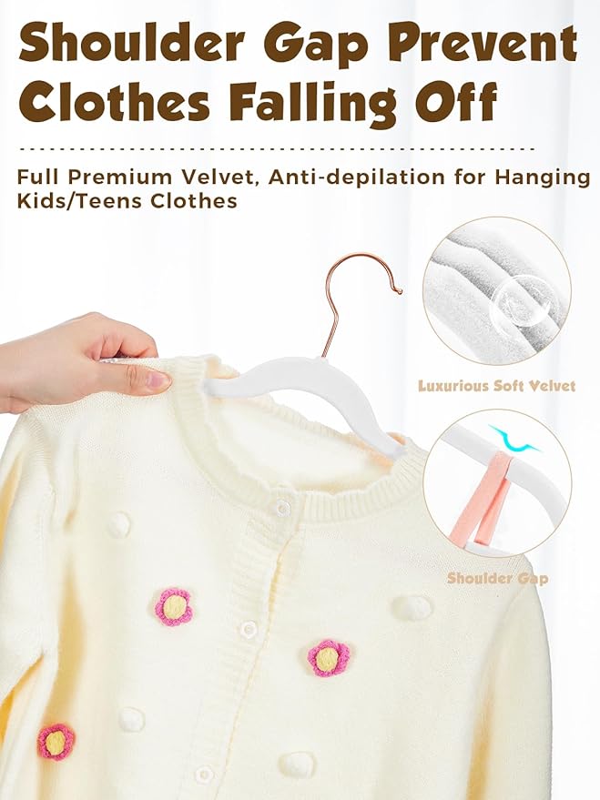 Smartor Kids Velvet Hangers 50 Pack, 14 Inch Premium Non Slip Kids Felt Hangers for Closet, Space Saving Toddler Clothes Hanger for Youth's Childrens' Clothes (Rose Gold Hook)- White