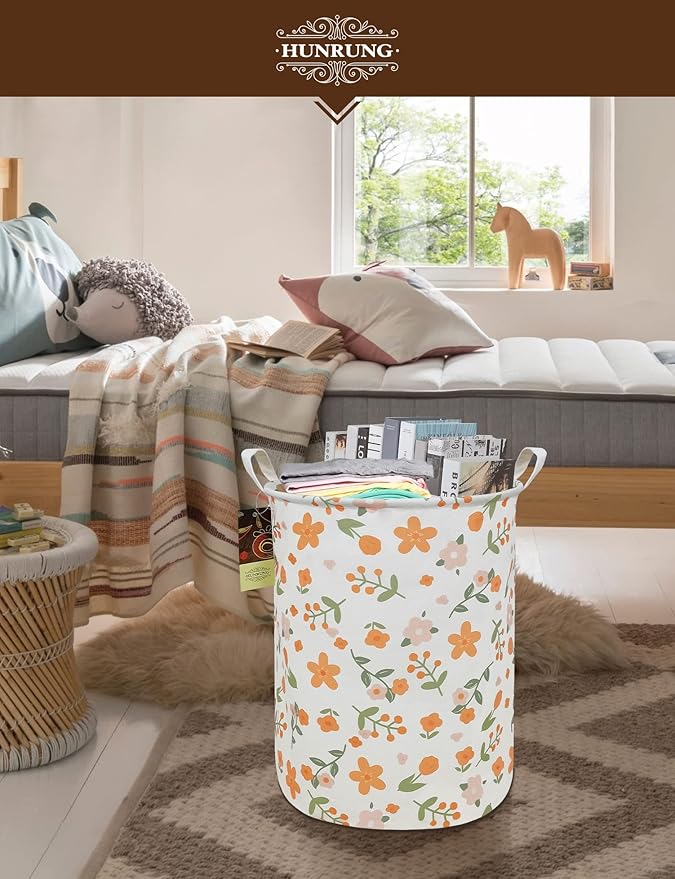HUNRUNG Laundry Hamper,Large Canvas Fabric Lightweight Storage Basket Toy Organizer Dirty Clothes Collapsible Waterproof for College Dorms（Round-Orange Flower）