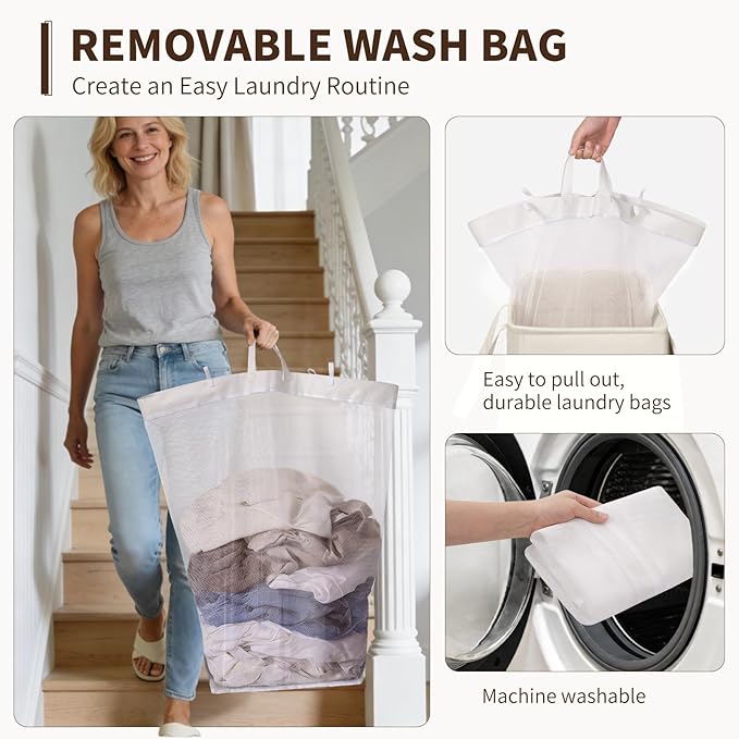 Goodpick White Laundry Basket with Wheels, 75L Rolling Laundry Hamper for Bedroom Bathroom, Foldable Large Clothes Hamper with Lid and Removable Wash Bag, 16.5" x 12.5" x 27.5"