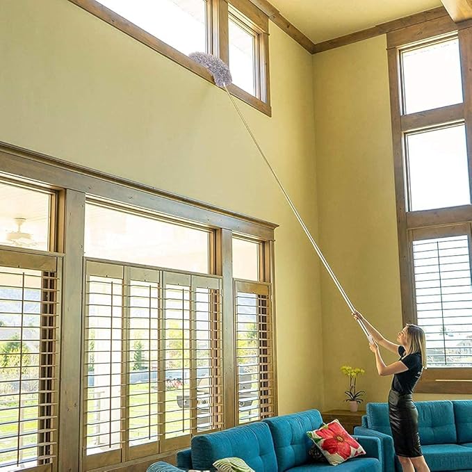 Microfiber Duster with Extension Pole(Stainless Steel) 30 to 100'', with Bendable Head, Extendable Long Duster for Cleaning Ceiling Fan, High Ceiling, Keyboard, Furniture Cars Gray