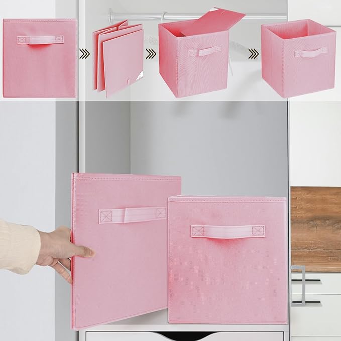2 Pcs Storage Cubes, 10.5 Inch Collapsible Storage Bins, Fabric Foldable Bins for Organization, Durable Storage Bins for Closet, Shelves, Offices (Pink)