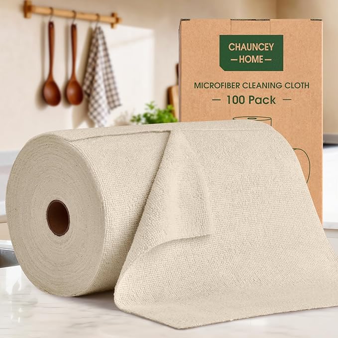 CHAUNCEY HOME Microfiber Cleaning Cloth Roll - 100 Pack Tear Away Microfiber Paper Towels, Reusable, Washable, Scratch-Free, Kitchen Towels for Car, Home, Kitchen, Glass, Dishes(Desert Gold)
