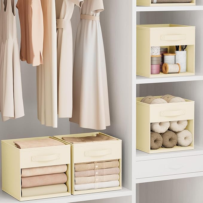 DIMJ Storage Cubes, Cube Storage Bin, 8 Pack Foldable Storage Cubes with Window, Closet Storage Bins with Handle, 11x 11 inch Closet Organizer Bins for Clothes, Toys, Books (Beige )