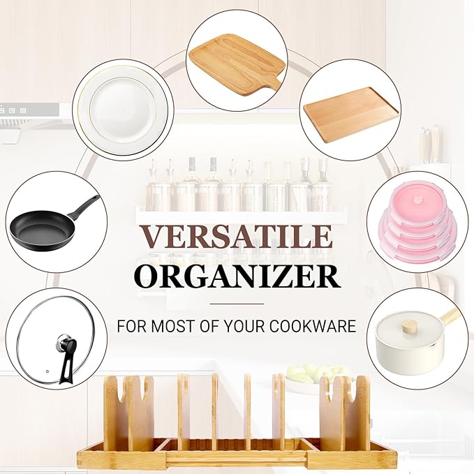 Bamboo Pot Lid Organizer, Pots and Pans Organizer Inside Cabinet, Pot Lids holder for Kitchen Countertop