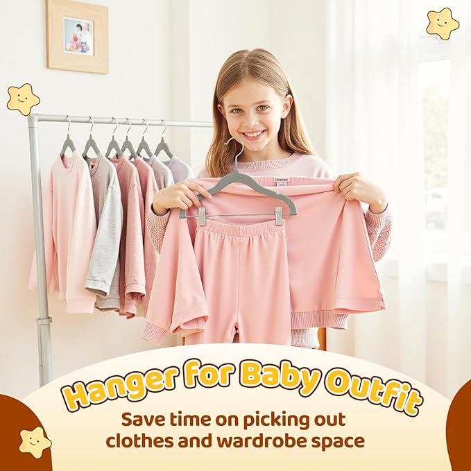 Flottian 24-Pack Baby and Kids Velvet Hangers with Clips, Non Slip and Space-Saving Kids Pants Hangers for Baby/Toddler Pants, Skirts, Coats, Gray