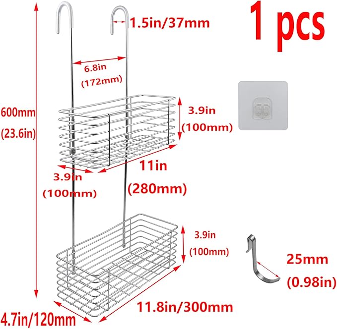 Antrader Hanging Shower Rack,Shower Caddy Hanging with Hooks,Hung on the Faucet or the Door,the Back Hook Can be Rotated,No Drilling,304 Stainless Steel,Double Layer-Silver