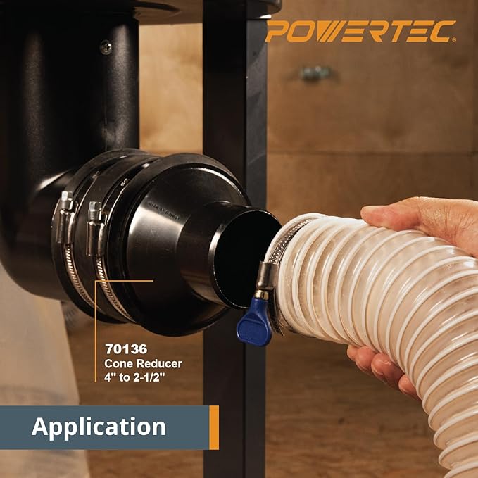 POWERTEC 70402 4" to 2-1/2" Hose Cone Reducer and 2-1/2" Dust Control Flex Cuff with Adjustable Key Hose Clamps for Dust Collection on Power Tool and Vacuum