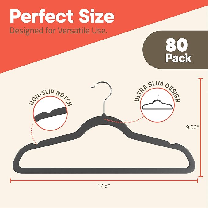 Gray Velvet Hangers 80 Pack – 360° Swivel Hook, Non-Slip and Space Saving Hangers, Heavy-Duty 11 lbs Weight Capacity - Smooth Velvet Finish for Crease-Free Clothes and Effortless Closet Organization