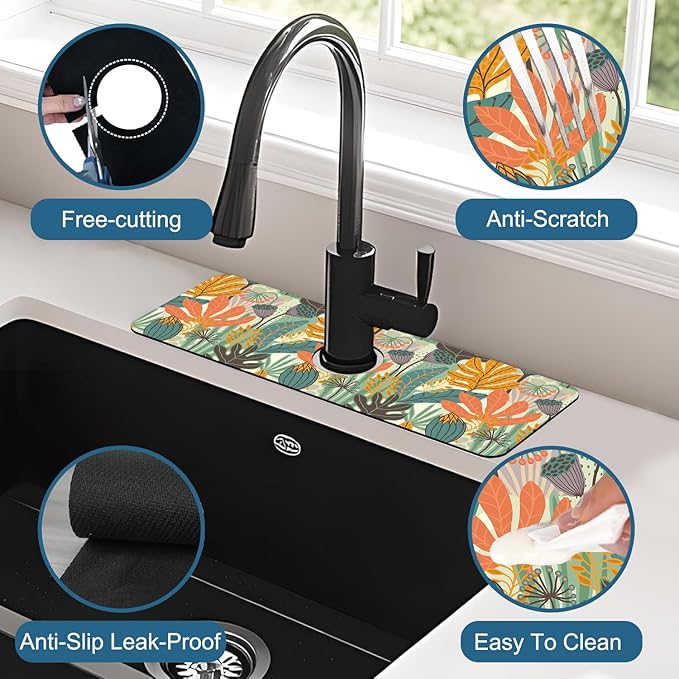 Abstract Leaves Sink Faucet Absorbing Mat Boho Leaves Super Absorbent Fast Drying Mat Sink Gadgets Behind Faucet Sinkmat for Kitchen Bathroom, 15.5"x5.5"
