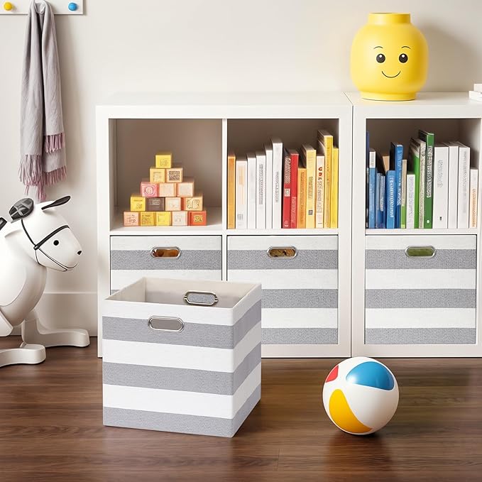 11x11 Cube Storage Bins, Collapsible Fabric Storage Cubes, Cubby Storage Organizer Bins Striped Container Baskets for Organizing Home Office Wardrobe Closet Shelf, Pack of 4, Gray/White