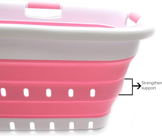SAMMART 41L Collapsible 3 Handled Plastic Laundry Basket - Foldable Pop Up Storage Container/Organizer - Portable Basket - Space Saving Hamper/Basket (3 handled rectangular, White/Pink)