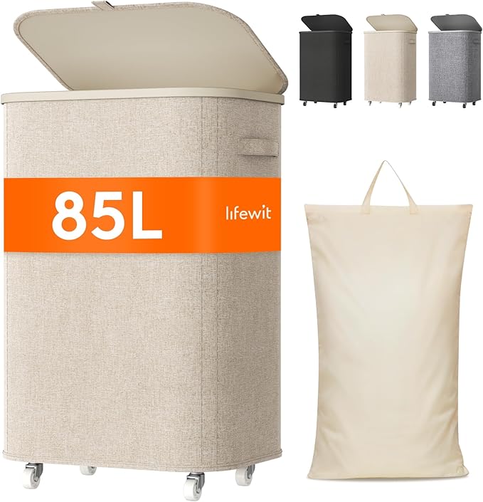 Lifewit 85L Plastic Laundry Basket with Lid, Large Clothes Hamper with Wheels and Removable Bag, Tall Collapsible Rolling Storage Bin for Dorm Bedroom Bathroom, Beige