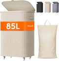 Lifewit 85L Plastic Laundry Basket with Lid, Large Clothes Hamper with Wheels and Removable Bag, Tall Collapsible Rolling Storage Bin for Dorm Bedroom Bathroom, Beige