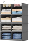 Lifewit Dual-Row Shelf Hanging Closet Organizer and Storage, Clothes Shelves with 3 Sturdy Hooks for Clothing Organization, Foldable Container Hold Up to 24 Sweaters, 4 Tier 8 Sections, Gray