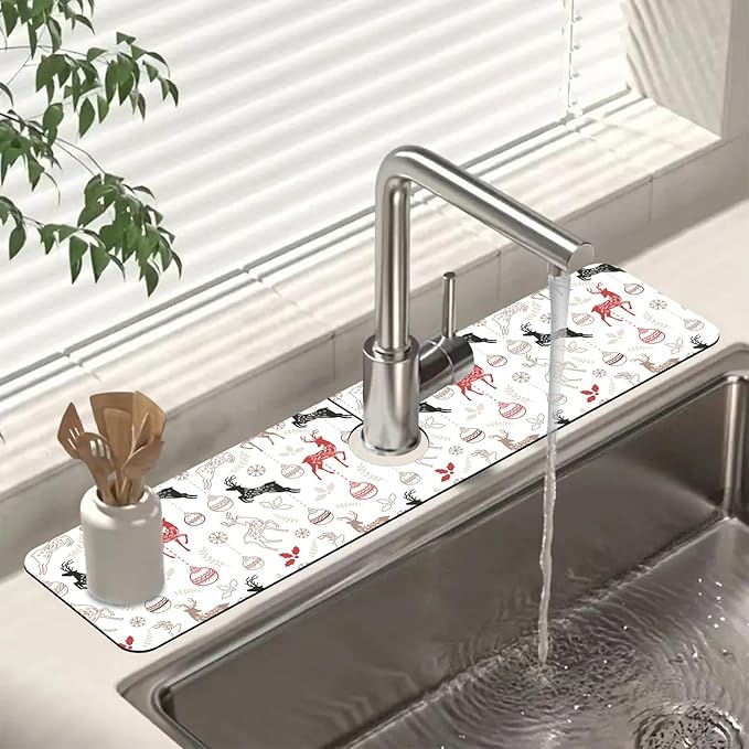 Chrismas Sink Faucet Absorbing Mat Christmas Sink Splash Guard Drying Mat for Kitchen Bathroom Faucet Sinkmat 23.5"X5.5"