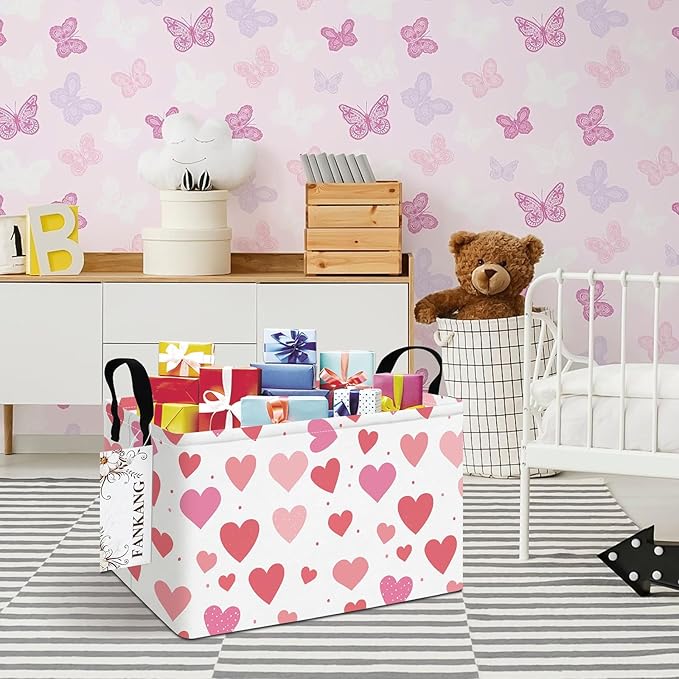 FANKANG Storage Bins,Nursery Hamper Canvas Laundry Basket Foldable with Waterproof PE Coating Storage Baskets for Boys and Girls, Office, Bedroom, Clothes,Toys(Rec-Colorful hearts ）