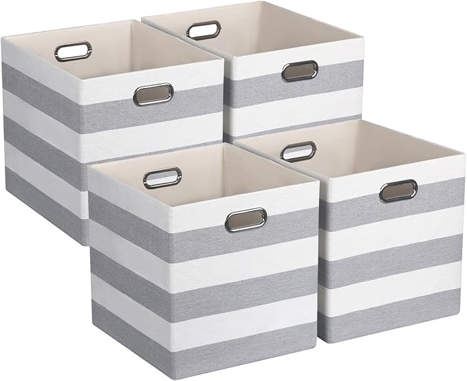 11x11 Cube Storage Bins, Collapsible Fabric Storage Cubes, Cubby Storage Organizer Bins Striped Container Baskets for Organizing Home Office Wardrobe Closet Shelf, Pack of 4, Gray/White