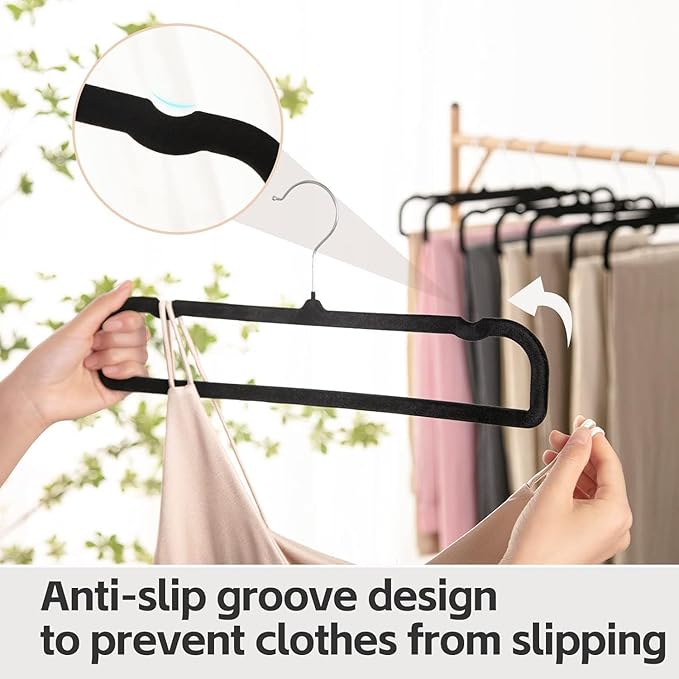 Velvet Hangers Non Slip - 20 Pack Pants Hangers for Closet - Thin Space Saving Clothes Hanger - Strong, Durable, Jean Perchas with 360 Degree Rotatable Hook for Tank Top (Black Silver Hook)