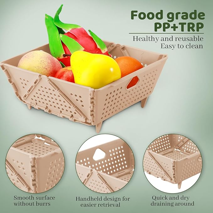 Plastic Collapsible Strainers and Colanders, Foldable Food Strainer for Kitchen, Space-Saving Folding Drain Basket Bowl for Pasta Fruit Vegetables Drainage Storage Dishwasher (Apricot)