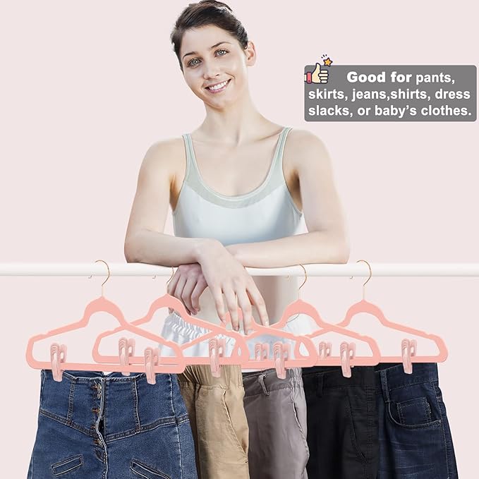 Light Pink Velvet Hanger Clips 60 PCS, Strong Finger Clips for Velvet Hangers, Skirt Hanger Clips Fit for Flocking Hangers