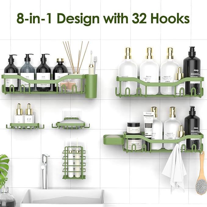 Shower Caddy Adhesive Shower Organizer 8-Pack, Rustproof Stainless Steel Bathroom Shelves, Large Capacity No-Drill Rack Storage Accessories with Soap Dish Toothbrush Holder Hooks