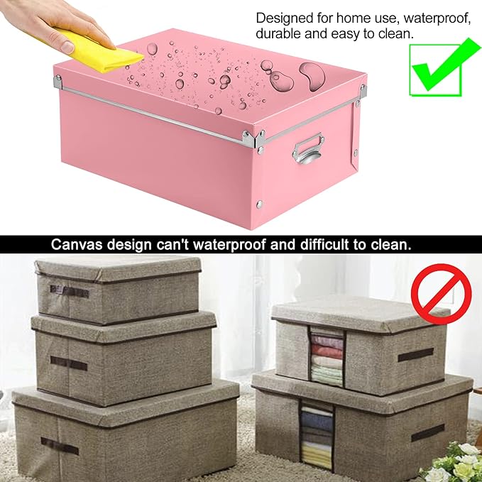 SEEKIND Storage Box, Decorative Storage Bins with Lid,3 in 1 Set,Plastic,with Handles,Press-Stud Fastening,Moisture-proof,Foldable for Space Saving Storage,for Clothes,Cosmetic,Blankets (Pink) … …