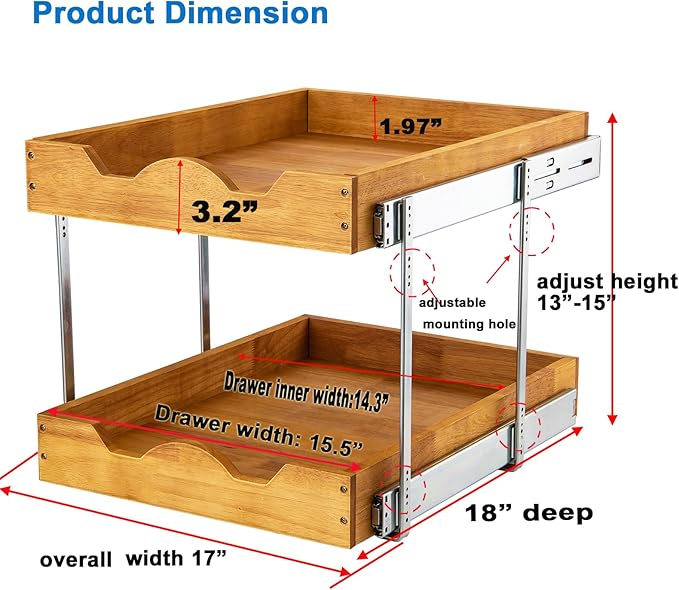 DINDON 2 Tier Wood Pull Out Cabinet Organizer (17" W x 18" D) Heavy-Duty Metal Sliding Drawer Shelf, Two Tier Pull Out Shelves for Kitchen Cabinets, Pantry, Bathroom…