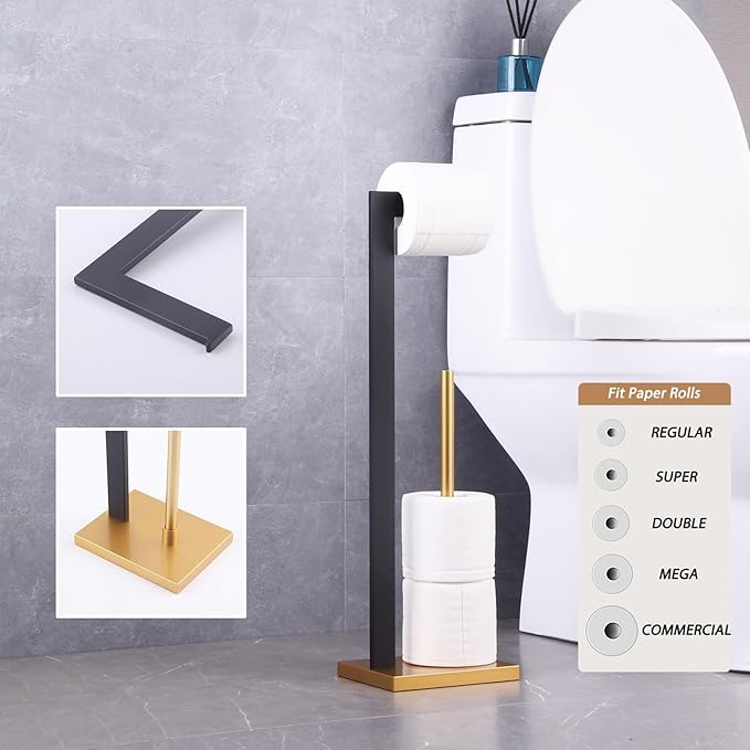 GERZWY Free Standing Toilet Paper Holder, SUS 304 Stainless Steel Toilet Paper Stand with Reserve (Black & Gold) DZY004-BD