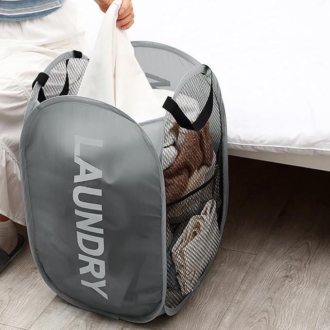 Mesh Laundry Hamper Pop Up Laundry Hamper Collapsible Laundry Basket with Carry Handles, Large Side Pocket for Bedroom, Student Dorm, RV, Cruise, Grey