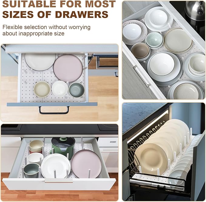 Kigley 6 Pcs Wood Pegboard Drawer Organizer with 48 Pegs Wood Peg Board System Peg Drawer Organizers for Kitchen Dishes Plate Pegboard Food Containers(20.98x5.91,White)