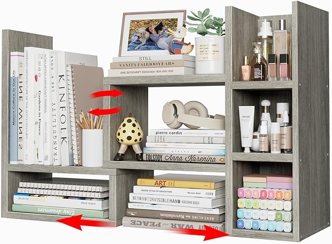Desk Shelves Desktop Orgnizer Shlef - Grey Office Organization for Top of Desk Organizers and Accessories Corner Bookshelf Table Top Shelving Small Hutch Decorations for Office