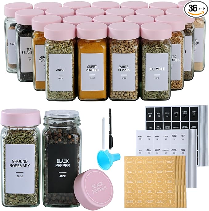 36 Glass Spice Jars with Labels,Spice Jar Set,4oz Seasoning Containers,Spice Containers with Pink Airtight Lids and Shaker Lids,Square Empty Spice Bottles, 492 Labels,1 Funnel