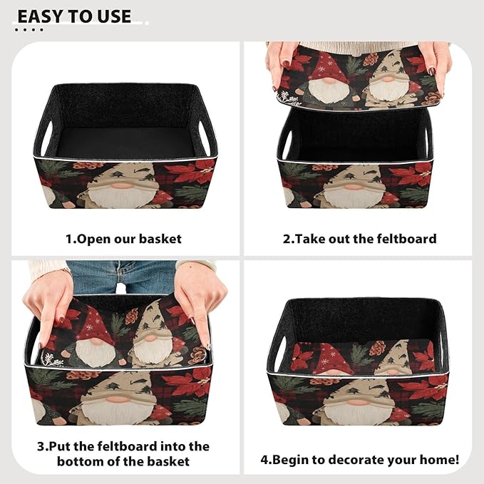 Checkered Christmas Floral Gnomes Closet Storage Bins 2 Pcs Felt Open Home Storage Containers Organizer with Handles Collapsible Shelf Basket for Home Office Craft Room Classroom Fabric