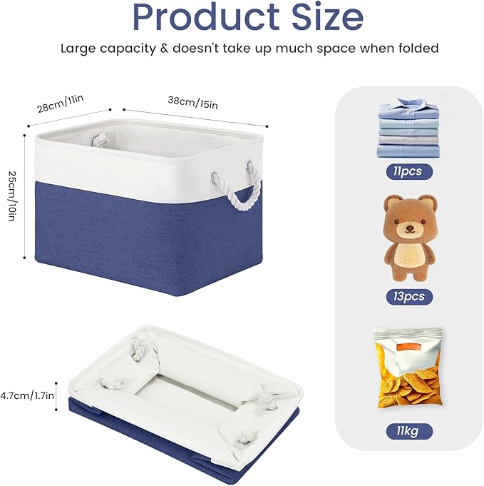 Large Storage Baskets- 15x11x10 inch Storage Bins for Shelves and Closet Organizing, Foldable Fabric Bin for Home Organization Clothes and Laundry (6-Pack, White&Blue)