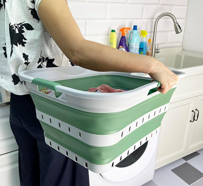 SAMMART 42 (11 Gallons) Collapsible Plastic Laundry Basket, Foldable Pop Up Storage Container/Organizer, Space Saving Hamper, Portable Bin for Dorm Room Bathroom (2, Grey/Dark Sea Green)