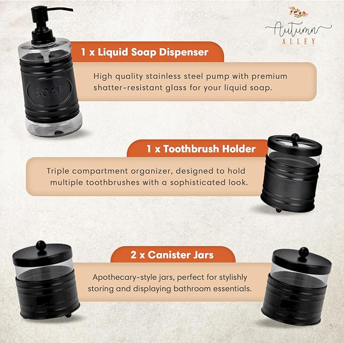 Autumn Alley Farmhouse Matte Black Bathroom Accessories Set (4 PCS) - Lotion Soap Dispenser, Black Toothbrush Holder Set, 2 Glass Apothecary Jars (Qtip Holder) - Rustic Bathroom Accessories Set