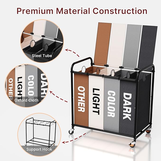 4-Compartment Laundry Cart with Lockable Wheels & Lid 180L Large Wheeled Laundry Basket Heavy-Duty Sorting Organizer for Laundry Room (Multicolor)