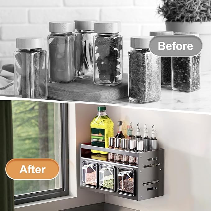Kitchen Spice Rack, Kitchen Organizer and Storage Rack with 3 Spoons, Spice Organization for Cabinets Punch-free Wall/Countertop Home Decor Multifunctional Double Layer 3 Grid Condiment Rack, Gray