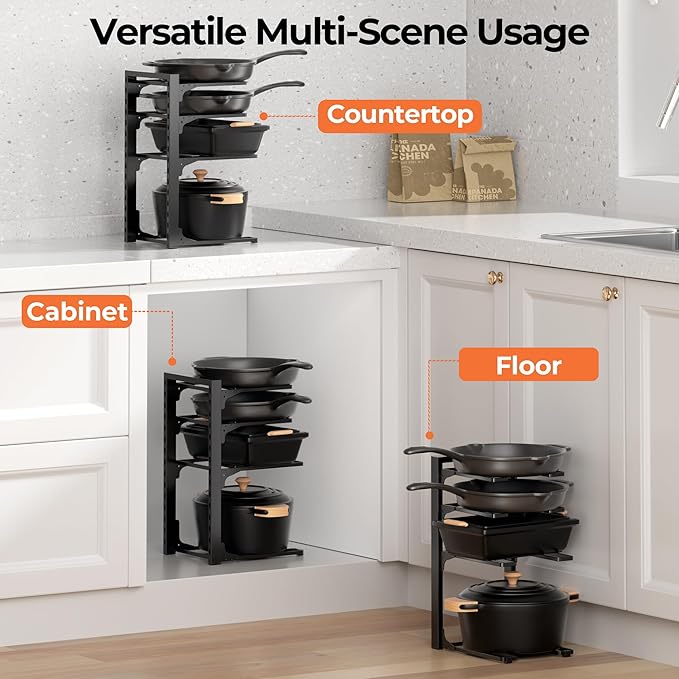 MUDEELA 2 Pack Pots and Pans Organizer under Cabinet, 4-Tier Heavy Duty Pan Organizers inside Cabinet Kitchen Storage, Adjustable Pot Rack Holds up to 88 LB Cast Iron Skillets Shallow Cookware