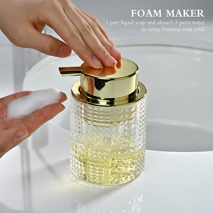 Foaming Glass Soap Dispenser,Hand Foam Soap Dispenser for Kitchen & Bathroom-2 Pack（B-Type Clear Glass/Gold Pump）
