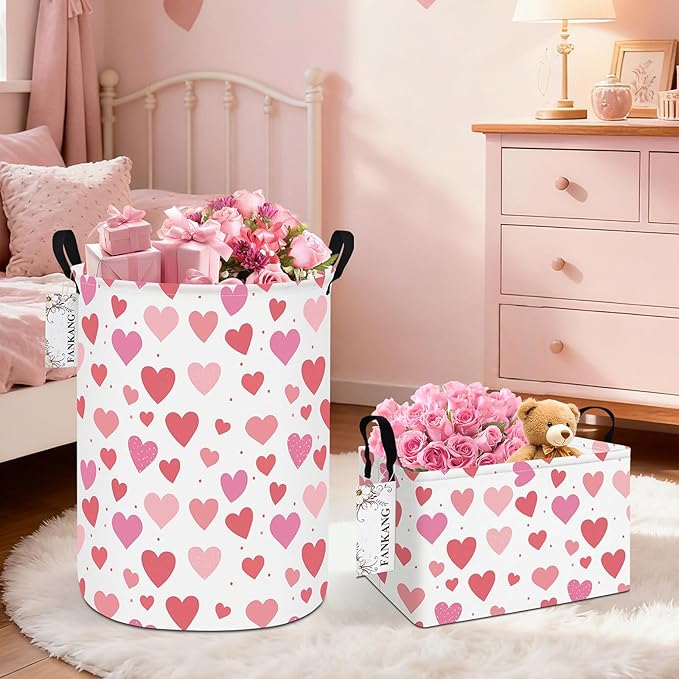 FANKANG Storage Basket, Nursery Hamper Canvas Laundry Basket Foldable with Waterproof PE Coating Large Storage Baskets for Kids Boys and Girls, Office, Bedroom, Clothes,Toys(Colorful hearts)