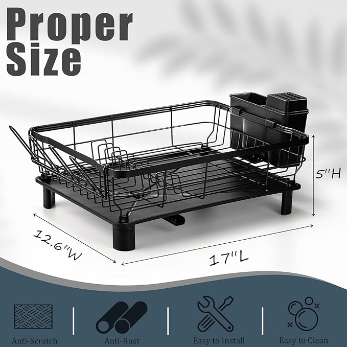 Lyellfe Dish Drying Rack, Rust-Proof Dish Drainer with Drainboard Utensil Cup Holder, Black Iron Dish Rack and Drainboard Set for Kitchen Counter, Over The Sink