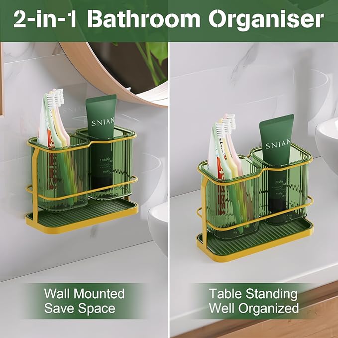 Countertop Toothbrush Holders, Wall Mounted Electric Tooth Brush Toothpaste Holder for Bathroom with Hook, 2 Cups Toothbrush Organizer with Drain Tray Bathroom Accessories Storage (Green)