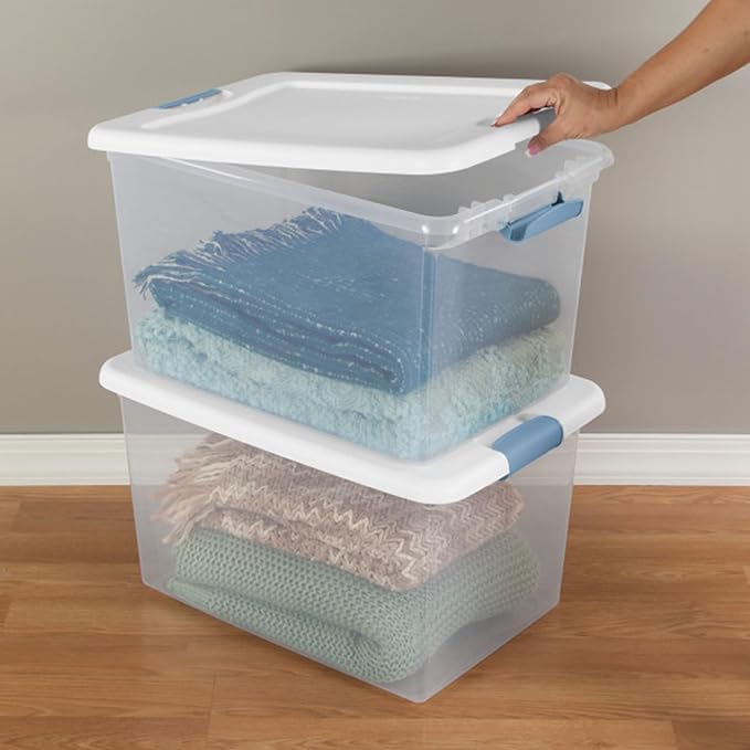 Sterilite 12 Pack Latching Box, Under Bed Storage Bins with Lids, Clear Plastic, 64 Quart - Heavy-Duty Organizing Containers for Closet, Bathroom, and Office