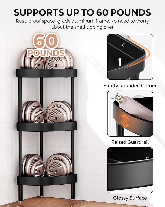 Nieifi Corner Shower Caddy Stand-3 Tier Rustproof Anodized Aluminum Standing Shower Organizer-Shower Caddy Corner-Dual Stability to Anti-Shaking-Height-Adjustable Legs for Uneven Surfaces-Black