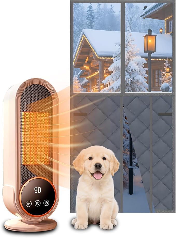 Magnetic Thermal Insulated Door Curtain for Winter,38" W x 97" H, Thermal Cover with Clear Window,Thicken Gray (Gray, Fit Door 36"x96")