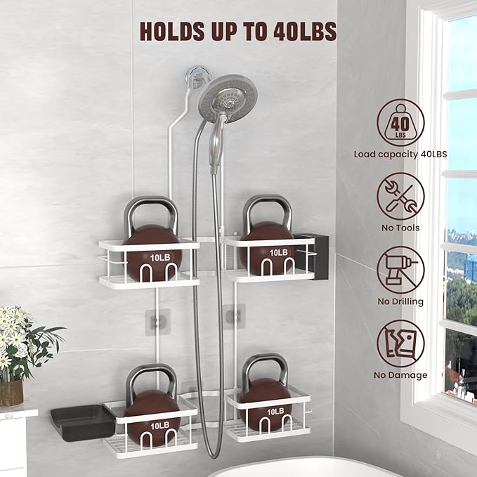 REINHARDT Adjustable Shower Caddy Hanging Rustproof Shower Caddy for Handheld Showerheads, Shower Organizer with Hooks Soap Holder Toothbrush Holder, Anti-Swing Shower Rack Bathroom Accessories, White